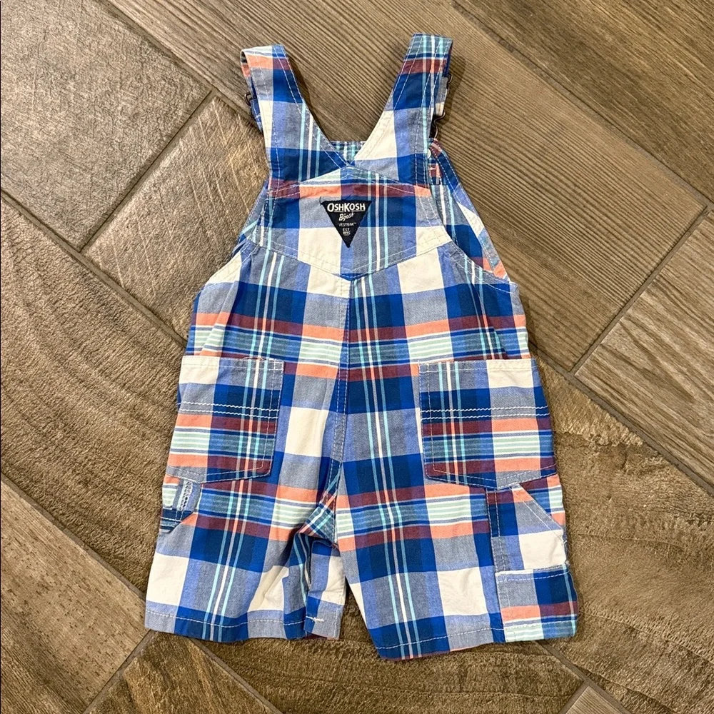 OshKosh B’gosh Plaid Shortalls 18M Baby Boy Blue Cotton Summer Overalls